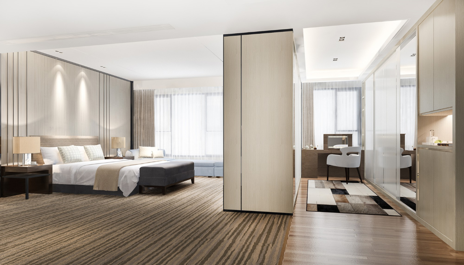 Chambre à coucher moderne de luxe avec un dressing et une cuisine. 